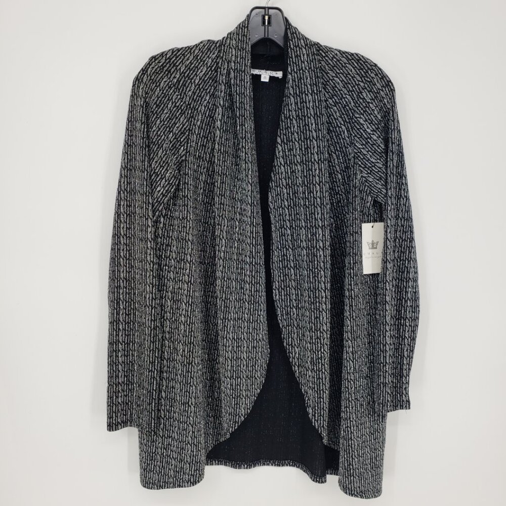 Chaus Metallic Open Front Cardigan Top M Long Sleeves Holiday Silver Black